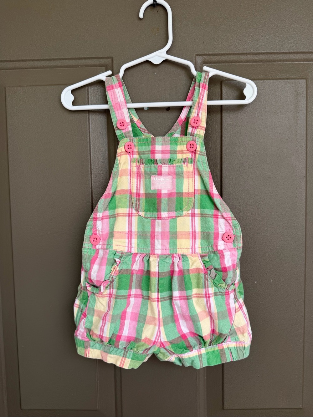 Vintage 90s OshKosh B'gosh Pink Green Plaid Bubble
Shortalls Overalls 18M